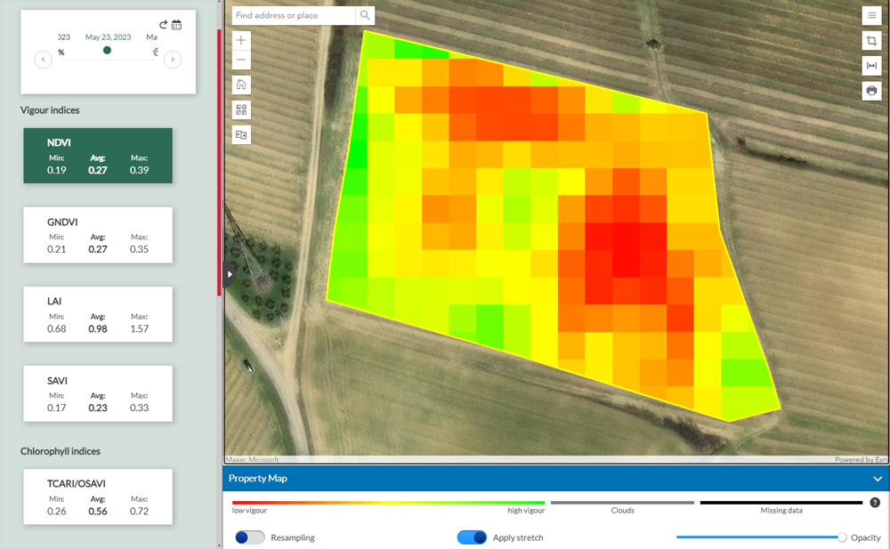 satellite map of the NDVI index of the Agricolus platform